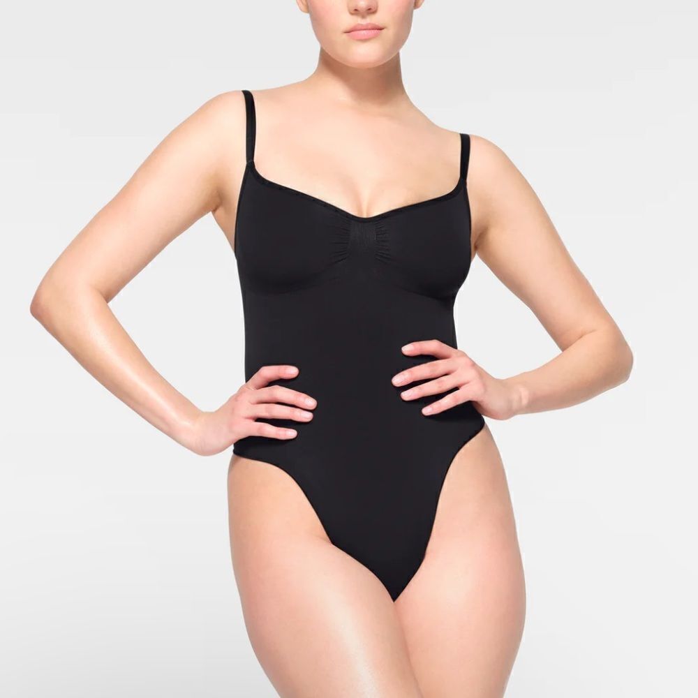 SKIMS Seamless Sculpt Thong Bodysuit In Onyx Black Shaping Bodysuit